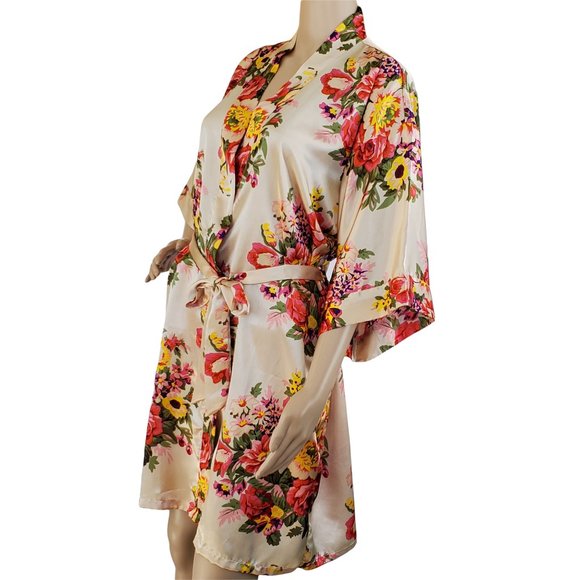 Satin Floral Women's L Dressing Robe Matching Tie Belt Knee Length - Picture 6 of 9